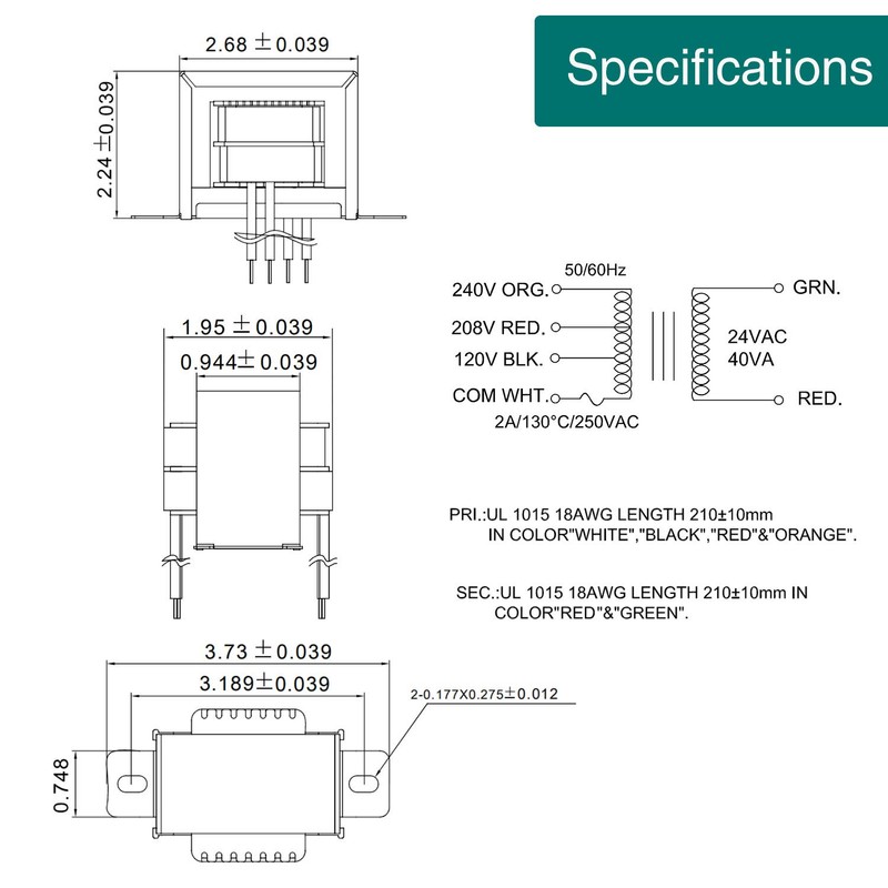 Fiada 24V 40VA Control Transformer, Primary 120, 208, 240V Secondary
