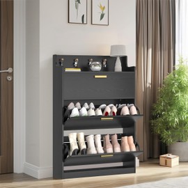 VECELO Shoe Cabinet with 2 Flip Drawers for Entryway, Freestanding Narrow Hidden Storage Organizer with Hooks and Raised Edge, for Hallway Living Room, Black