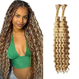 WuvuSnm Human Hair Braiding Deep Wave Boho Braids Bulk Hair Weave Natural Extensions No Weft Highlight Honey Blonde Colour 2 Braids Per Pack Total 100 g for Woman 30.5 cm (12 12 Inches)