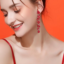 EVER FAITH Wedding Rhinestone Crystal Chandelier Clip-on Earrings for Women Brides, Art Deco Marquise Teardrop Bridal Long Drop Earring for Prom Red Silver-Tone