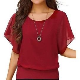 VIISHOW Womens Solid Short Sleeve Boat Neck Dolman Top with Side Shirring Red M