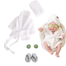 5PCS Newborn Photography Outfits, DISTART Baby Hooded Plush Towel Cotton Bathrobes Bath Outfit with Slippers Photo Props for Toddle Infant Girls and Boys Shower Shoot Gift (White), 0-6 Months