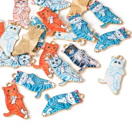 20 Pcs Mini Cat Charms Cute Enamel Cat Charms Light Gold Animal Cat Dangle Pendants for Christmas Gift Bracelet Necklace Jewelry Making