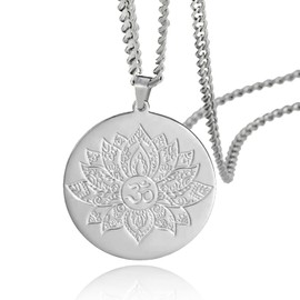 SIPURIS Lotus Flower Necklace for Men Women Om Ohm Symbol Yoga Buddhist Pendant Stainless Steel Vintage Mandala Pendant Necklace Spiritual Jewelry Gift, 40*35mm, Stainless Steel, No Gemstone
