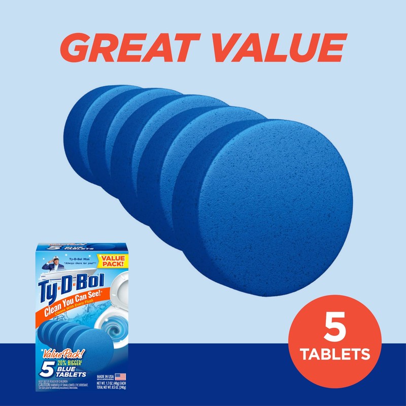 Ty-D-Bol Blue Tablets Value 5 Pack, Cleans and Deodorizer Toilets