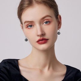 Silver Pearl Hoop Earrings - Pearl Drop Earrings for Women, Sterling Silver Pearl Wedding Earrings Cubic Zirconia 10 mm Black Pearl Dangle Hoop Earrings for Bridal Jewellery Bridesmaid Gift for Her