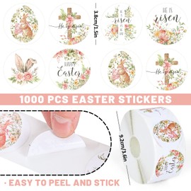 Whaline 1000Pcs Easter Stickers Floral Religious Stickers Watercolor Bunny Egg Christian Round Stickers He is Risen Print Label Self-Adhesive Stickers for Easter Holiday Party, 1.5Inch, 6 Design