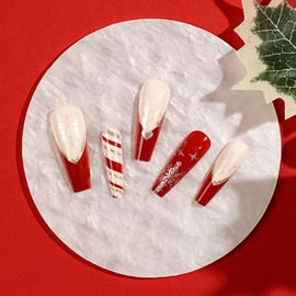 Artquee Coffin Press on Nails Long - Red French Tip Press on Nails with Stripe Snow Designs, Reusable Fake Nails for Women Stick on Nails in 12 Sizes - 24 Nail Kit