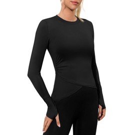 Fisoew Womens Long Sleeve Workout Tops Athletic Shirts Crew Neck Cross Hem Running Yoga Active Shirts Black