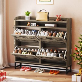 DWVO Storage Cabinet With 4 Flip Drawers, Narrow Slim Organizer for 24 Pairs of Shoes, Rack for Entryway, Living Room, Hallway (Washed Grey)