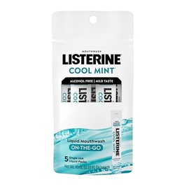 Listerine On-The-Go Cool Mint Alcohol Free Mouthwash Packets, Oral Rinse in Individual Packets Kills Bad Breath Germs, Less Intense Taste, Cool Mint Flavor, Mini Travel Size, 0.33 fl oz. Pack of 5