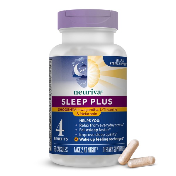 NEURIVA Sleep Plus with 4-in-1 Benefits - Clinically Tested Ashwagandha, L-Theanine & Melatonin - Reduce Stress, Fall Asleep Faster, Improve Sleep Quality, Wake Up Refreshed*, 58ct Capsules