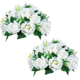 BLOSMON Flower Balls Wedding Rose Centerpieces: 2 Pcs Fake Flowers with Base White Kissing Balls Decor White Artificial Floral Arrangements Flower Bouquet of Roses Home Party Table DIY Decorations