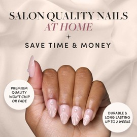 Glamnetic Press On Nails - Honeymoon | Short Almond Nude Fake Nails with 3D Nail Art and Glossy Velvet Finish, Reusable Wedding Nails | 15 Sizes - 30 Nail Kit with Glue