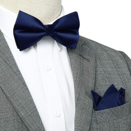Bow Ties for Men Navy Blue Color Pre Tied Bow Tie and Pocket Square Classic Adjustable Clip on Bowties Handkerchief Set for Wedding Business Party