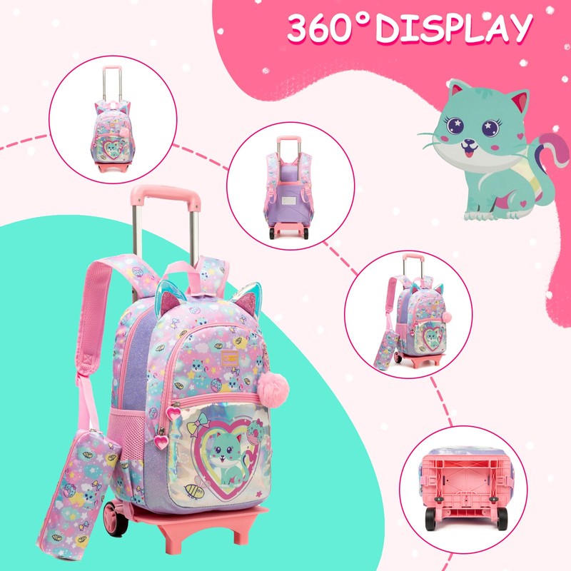 Kids Rolling Loving Cat Backpack for Girls Trolley Suitcases Luggage
