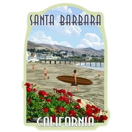 Die Cut Sticker Santa Barbara, California, Beach and Pier Scene, Contour Vinyl Sticker 3 to 6 inches, (Waterproof Decal for Cars, Water Bottles, Laptops, Coolers), Large