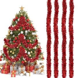 CC Party Store Metallic Tinsel Garlands, Shiny Tinsel Garland, Christmas Tinsel Shiny, 2 m Christmas Decoration Tinsel for Christmas Tree, Christmas Party, Pack of 4, Red