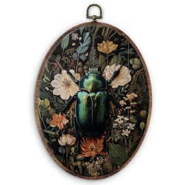DILSJ Vintage Floral Beetle Oval Wall Art Decor, Dark Cottagecore Canvas Wall Art Framed, Retro Moody Botanical Wildflower Insect Hanging Decorations for Home Bedroom Living Room Decor, 11x8.5 Inch