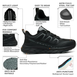 TAERGU Steel Toe Shoes for Men Lightweight Indestructible Safety Work Shoes Non Slip Resistant Steel Toe Sneakers,Black,Size 9