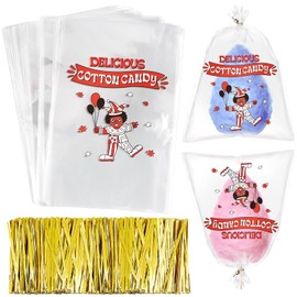 Geyee 500 Pcs Cotton Candy Bags with Ties Bags for Cotton Candy with Print Clear Large Carnival Candy Bags for Party and Kitchen, 11.8 x 17.7 Inch (Clown)