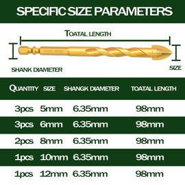 10pc Titanium Plating Masonry Drill Bits, JOERIC Concrete Drill Bit Ceramic Tile Drill Bit Set Ceramic Tile Drill Bits for Concrete Brick Glass Plastic Wood with Size 5mm to12mm