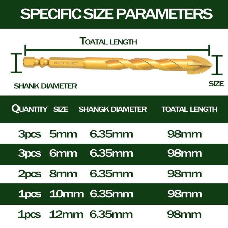 10pc Titanium Plating Masonry Drill Bits, JOERIC Concrete Drill Bit