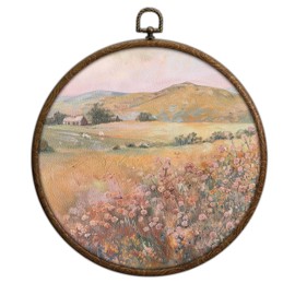 QKX Round Wall Decoration, Vintage Floral Field Landscape Wall Art, Printed Canvas Wall Hanging for Bedroom Kitchen Home Office, Living Room Wall Art, Dorm Decor, Circular Wall Hanging with Hooks,17