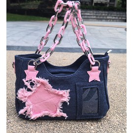 OATSBAS Cute Shoulder Bag Crossbody Bag for Women Y2K Star Patchwork Denim Messenger Bag Handbag for Teen Girls (Navy Blue)