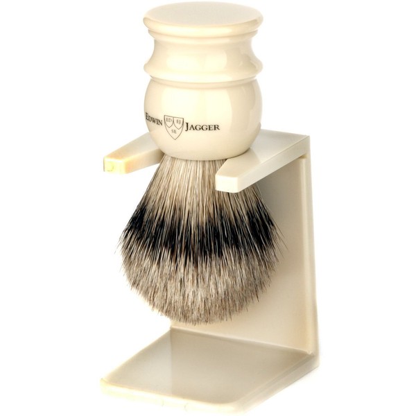 Edwin Jagger Large Silver Tip Badger Hair Shaving Brush with Drip Stand (Imitation Ivory)