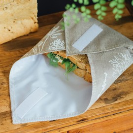 Reusable Sandwich Wrap in Natural Linen with Food Grade Washable, Waterproof Lining. Hand Printed. Perfect for picnics, Packed lunches, Hikers, Walkers and Cyclists. Size 30x30cm