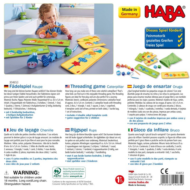 HABA 304653 Caterpillar Threading Game for Children from 18 Months,