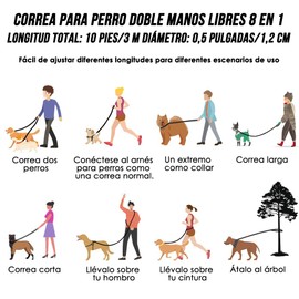HomeChi Correa para Perros Hands Free de (3 M), Correa Doble de Nylon 8 en 1 Correa de Entrenamiento Reflectante sin Enredos, Correa Ajustable para la Cintura para Perros Medianos y Grande, Gris