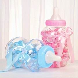 MINGZE 24pcs Candy Bottle Baby Shower, Mini Gift Box Fillable Feeder Style with Bear for Party Favors Holy Communion Supplies Boy Girl Newborn Infant Baptism Christening Birthday Decoration (blue)