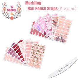 JERCLITY 168 Pieces 12 Sheets Women's Full Wrap Marble Nail Polish Strips Self-Adhesive Gel Nail Strips Nail Polish Wraps Real Nail Polish Stickers with Nail File for Women(Elegant Style)