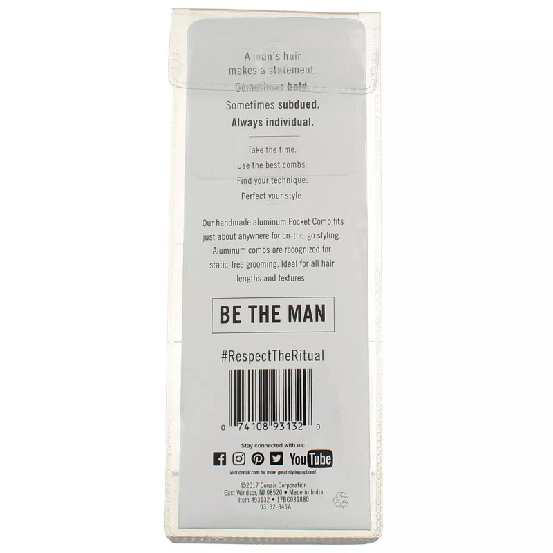 Conair Man Aluminum Metal Handmade Pocket Comb