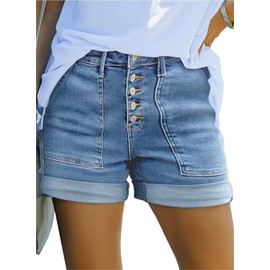 SIDEFEEL Womens Jean Shorts High Waisted Stretchy Buttoned Folded Hem Denim Shorts