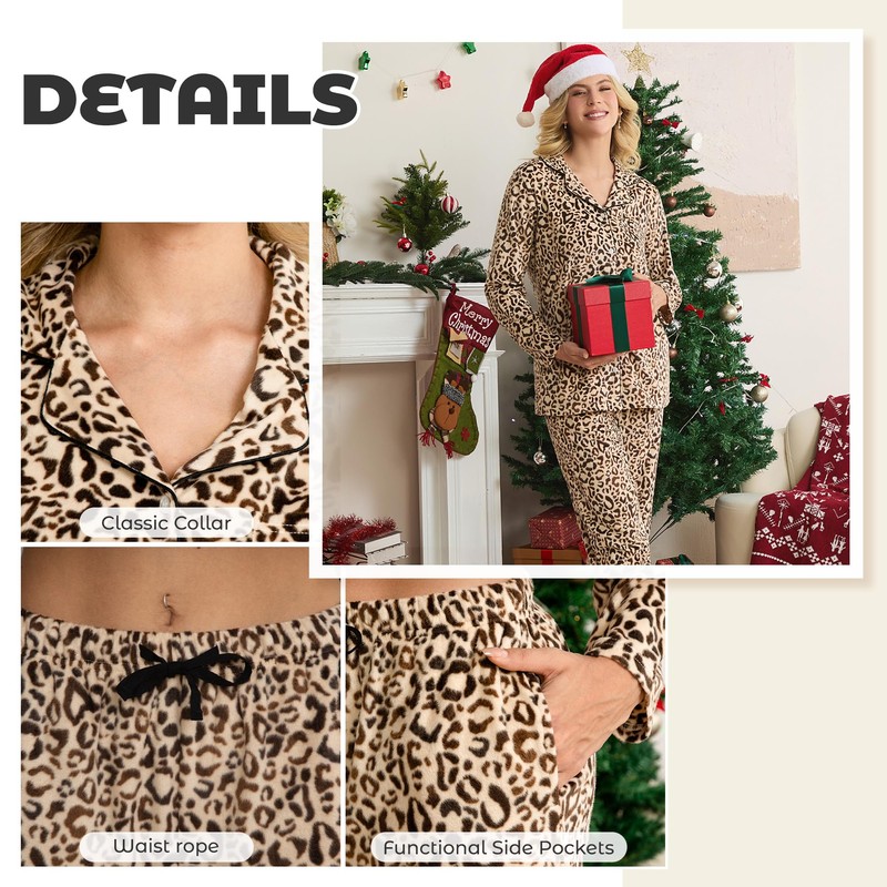 HEARTNICE Women's Fleece Pajama Set, Ultra Soft Long Sleeve Button-Down