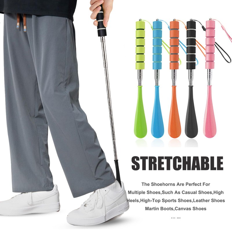 Ralleyfun Shoe Horn Long Handle Retractable Telescopic Metal Shoehorn Foldable