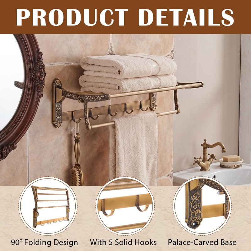 24" Vintage Style Brass Foldable Towel Rack with Hook, Gold