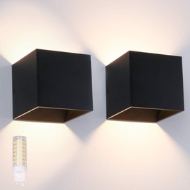 Ralbay Black Wall Sconce 2-Pack 9W Aluminum Up and Down Lighting Modern Black Wall Light Fixtures for Indoor Living Room Bedroom Hallway, with LED G9 Bulb (Warm White Light, 3000K)