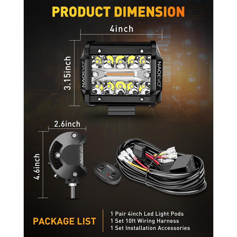 NAOEVO 4 Inch LED Pod Lights, White Amber Offroad Fog/Driving