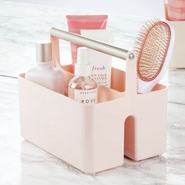mDesign Under Sink Storage – Plastic and Metal Bathroom Caddy for Shampoo and Soaps – Portable Cosmetics Storage Organiser – Blush/Satin