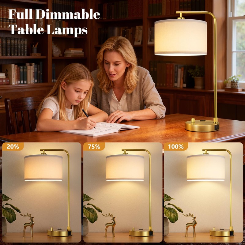 Gold Bedside Lamps Set of 2, Fully Dimmable Lamps for