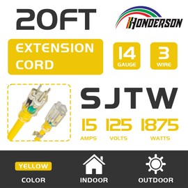HONDERSON Indoor Outdoor Extension Cord Weatherproof with Lighted End, UL Listed, 14 Gauge 20FT Yellow 3 Prong Heavy Duty, 14/3 SJTW 15A Power Cord for Outdoor Lights, Lawn