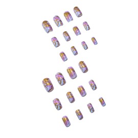 24 Pcs Fall Press on Nails Medium Square Fake Nails with Design Blue Purple Gold Foil Marble Ombre False Nails Acrylic Nails Glue on Artificial Full Cover Wedding Nail Art Stick on Nail for Women