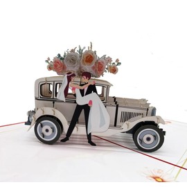 3D Pop-Up Wedding Card for Bride and Groom with Vintage Car, Floral Accents