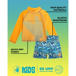 Body Glove Toddler Boys Swim Set - 2 Piece UPF 50+ Quick Dry Swim Trunks and Rash Guard for Boys Kids Swimwear (Sizes: 2T-4T), Size 3T, Orange Swirl Surf