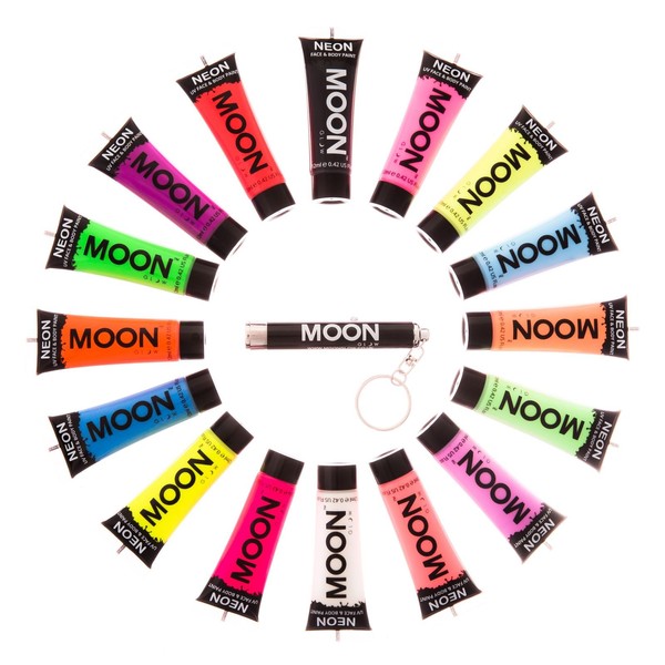 Moon Glow - Neon Blacklight UV Face & Body Paint - 0.42oz Set of 16 - includes 7x Intense and 7x Pastel colours plus White and Black. Blacklight Keyring also included!