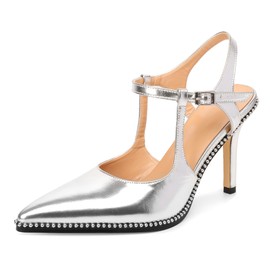 SAMMITOP Womens Silver High Heels Closed Pointed Toe Ankle Strap Heels High Heel Stilettos Beaded Pumps Shoes Dressy Faux Leather 3.5 Inch Size 9.5